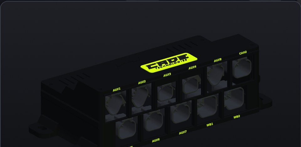 CADE E38 I/O breakout — 3D render with eleven sealed auxiliary ports
